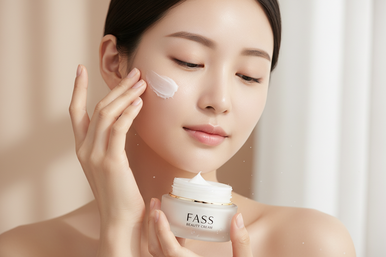 A korean women that apply a cream on right side face that name is fass beauty cream

